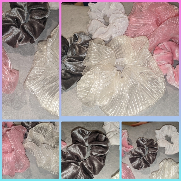 5 brand new scrunchie lot 3 soft shiny velvet & 2 sheer patterned XXL sized - Picture 2 of 4